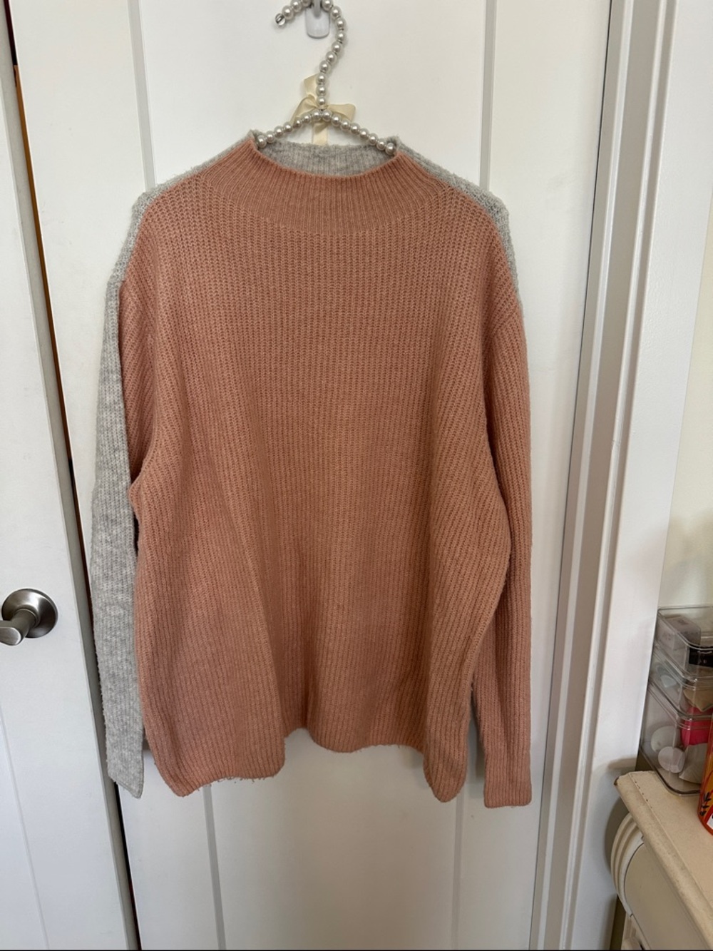 Vince Camuto Two-Tone Blush Pink and Light Gray Cowl Neck Sweater